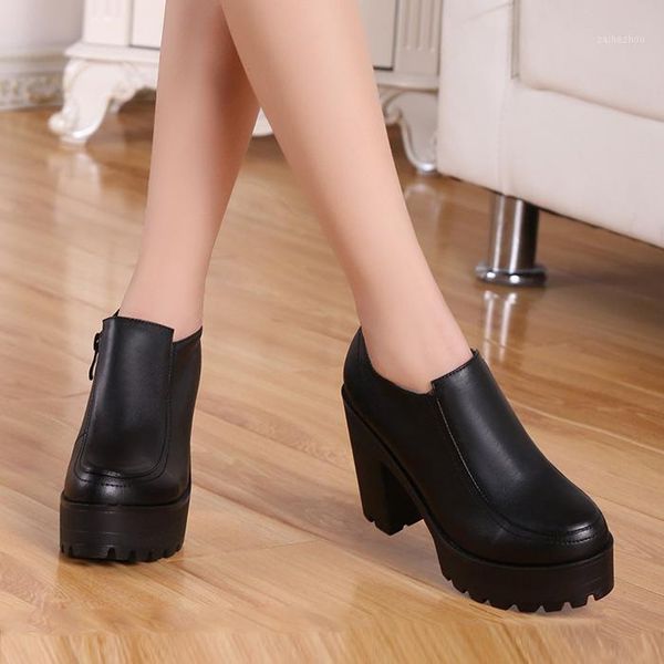 

2020 spring new single shoes female high heel thick heel side zipper women's shoes non-slip high round head1, Black