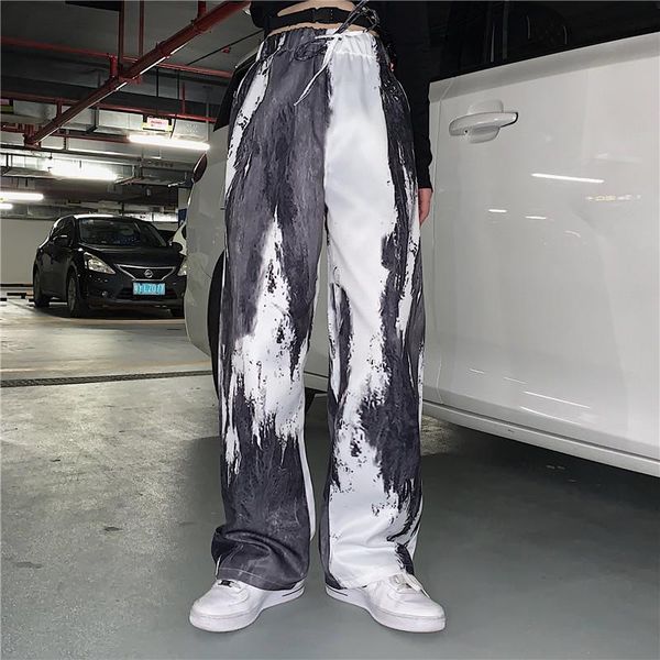

women's pants & capris lychee girls vintage tie dye print female wide leg korean style elastic waist casual loose fashion autumn trouse, Black;white