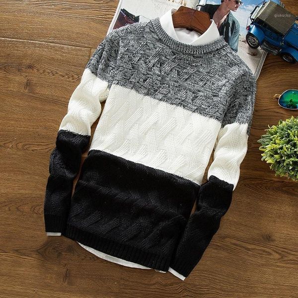 

autumn winter new brand men knitted sweater casual o-neck striped slim knittwear pullovers jumper patchwork long-sleeved clothes1, White;black