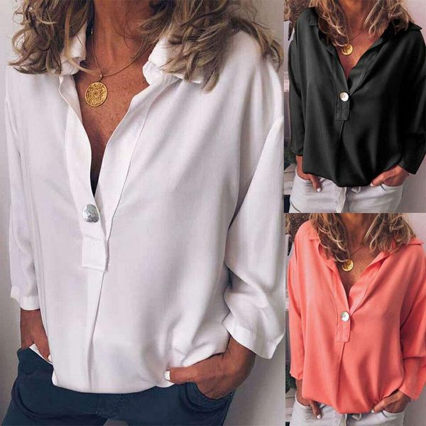 

fashion women casual blouse summer 2021 new female v-neck loose formal office work blouses ladies solid button thin beach, White