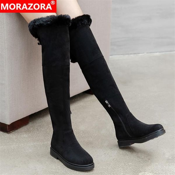 

morazora 2021 big size 33-43 women boots comfortable flock winter keep warm thick fur knee high boots square heels ladies shoes, Black