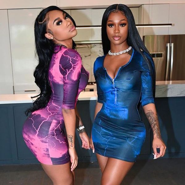 

bodycon dress autumn tie-dye printed mini dress long sleeve zipper up bandage bodycon night club dresses women, Black;gray