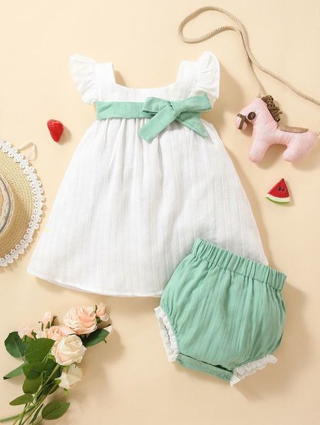 

baby girl square neck tie front dress & shorts she, White