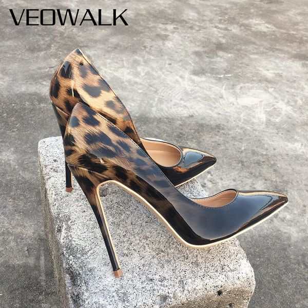 

veowalk fashion women leopard patent leather pumps pointed toe 8- stiletto ultra high heel ladies party shoes -43 lj201112, Black