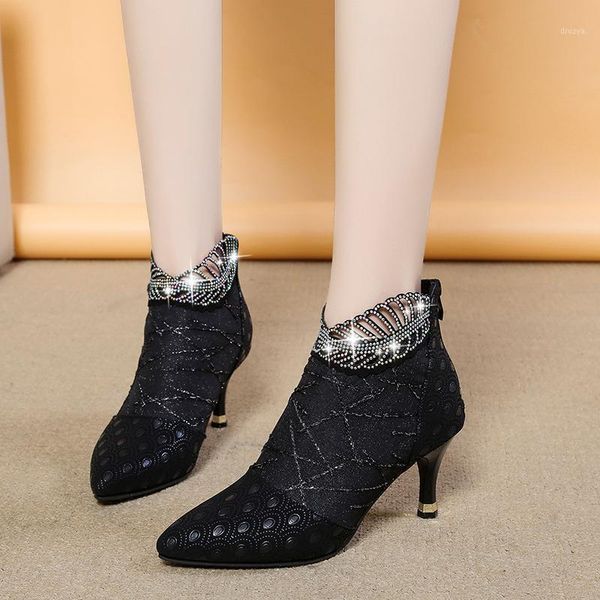 

pointed toe high heel ankle boots women crystal ankle boots heels elegant short heels for women 2020 winter shoes1, Black