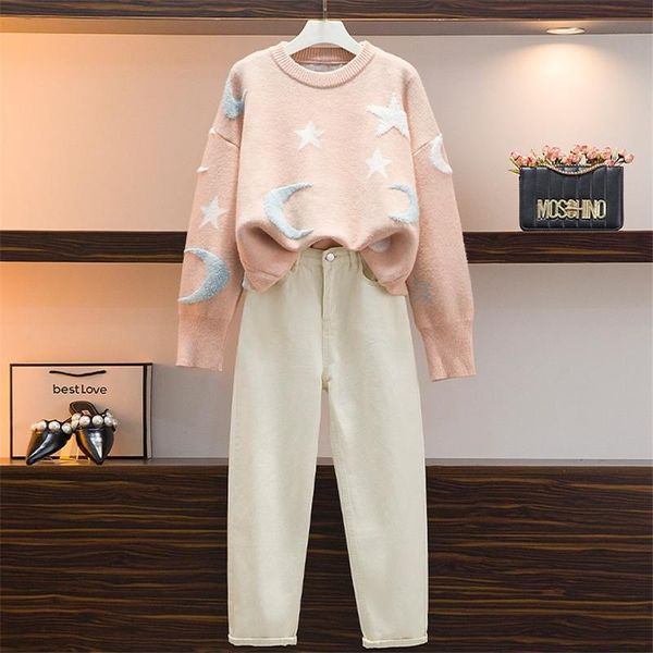 

women's tracksuits cbafu jeans sweater 2 piece set long sleeve stars moon knitted pullovers autumn spring student cowboys pants trouser, Gray