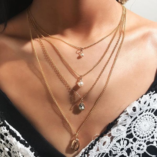 

pendant necklaces layered for women multilayer long chain necklace shell pearl gold choker girls, Silver
