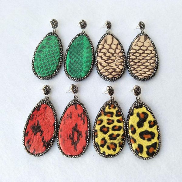 

1 pair natural snakeskin leather dangle earrings,handmade pave crystal rhinestone charm jewelry earring er433, Silver