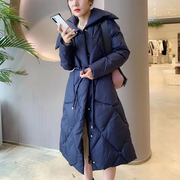 

2020 new women winter coat 90% white duck down parka female zipper thick warm slim puffer jacket waist tie-wraps snow outwear1, Black