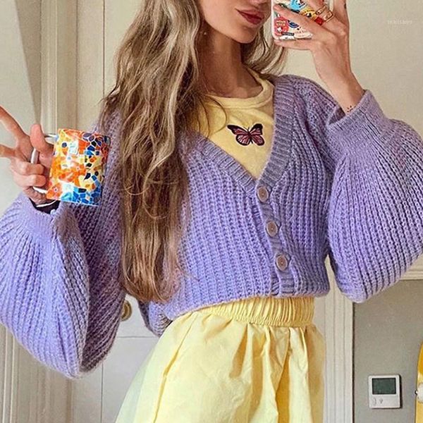 

muyogrt women cropped cardigan autumn casual purple sweater cardigan knitted crop loose lantern sleeve vintage knit1, White