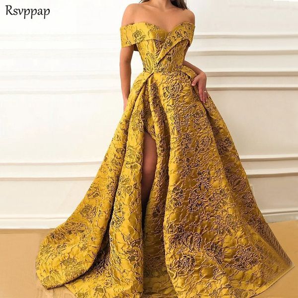 Длинные вечерние платья 2020 элегантная крышка рукав высокого качества V-образным вырезом сексуальная высокая щель саудовской Аравии золото формальное платье LJ201123