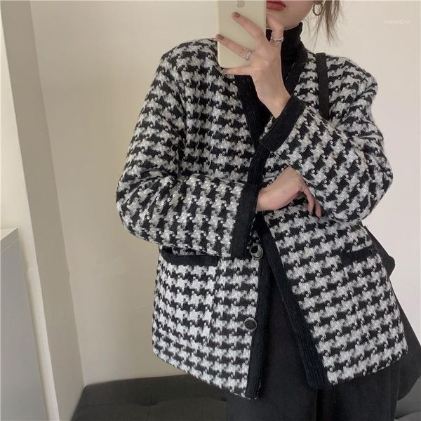 

spring autumn new women's elegant plaid single-breasted pockets jackets checkered retro houndstooth outerwear 1, Black;brown
