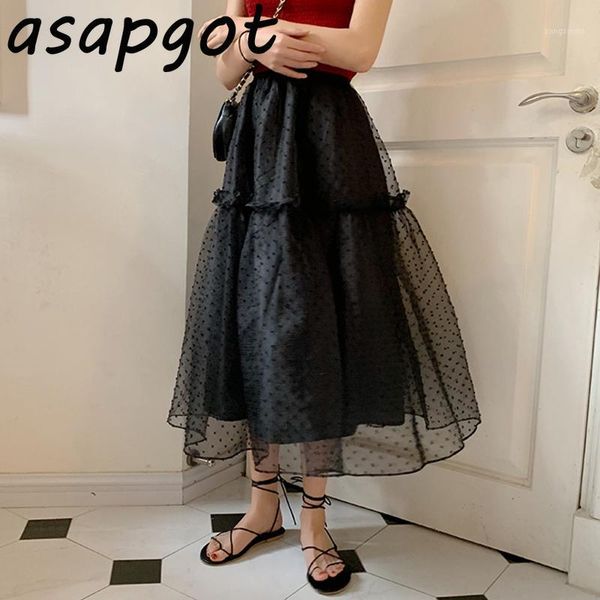 

black dot mesh organza fluffy skirts empire waist mid-calf a line loose skirts womens faldas mujer moda long tulle skirt1