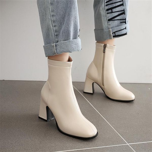 

boots 2021 autumn women faux leather super high heel ankle fashion square toe zipper winter black white