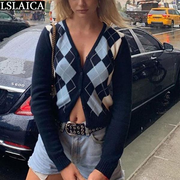 

new long sleeve sweater argyle patchwork casual knitted cardigan autumn winter slim chic sweaters for women fashion ies, White