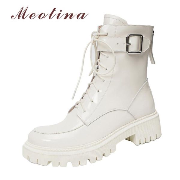 

boots meotina ankle women platform high heel motorcycle lace up thick short zip buckle ladies shoes big size 42, Black