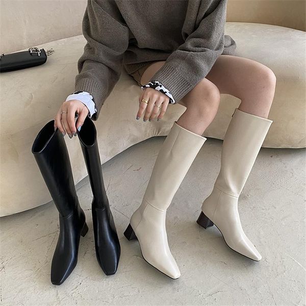 

boots 2021 ins women beige block high heels long lady riding warm winter designer square toe pastel knee thigh, Black