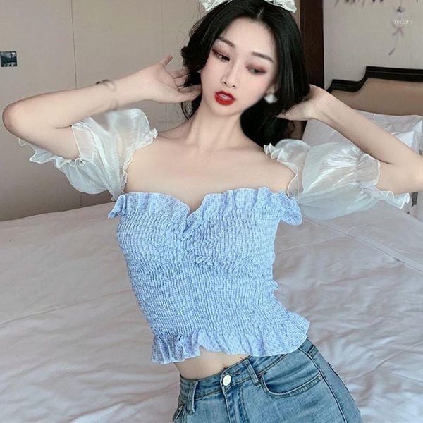 

blue chiffon shirt for women square collar short sleeve pleated crop fashion sweet ruffles patchwork blouse1, White