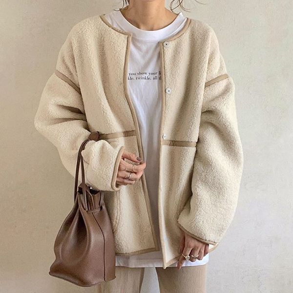 

new spring and autumn jacket japanese and korean ladies loose wild lamb wool jackets loose stitching simple women coats 201112, Black;brown