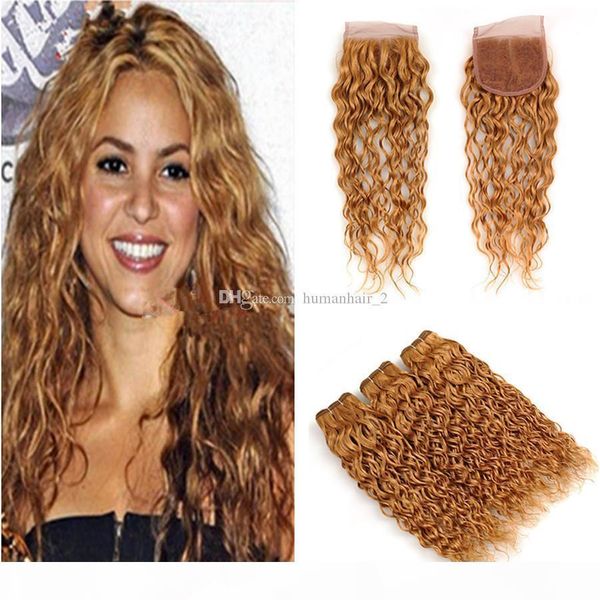 

brazilian virgin hair 27# colored blonde human hair 3 bundles with lace closure blonde water wave hair weaves with 4x4 lace closure, Black;brown