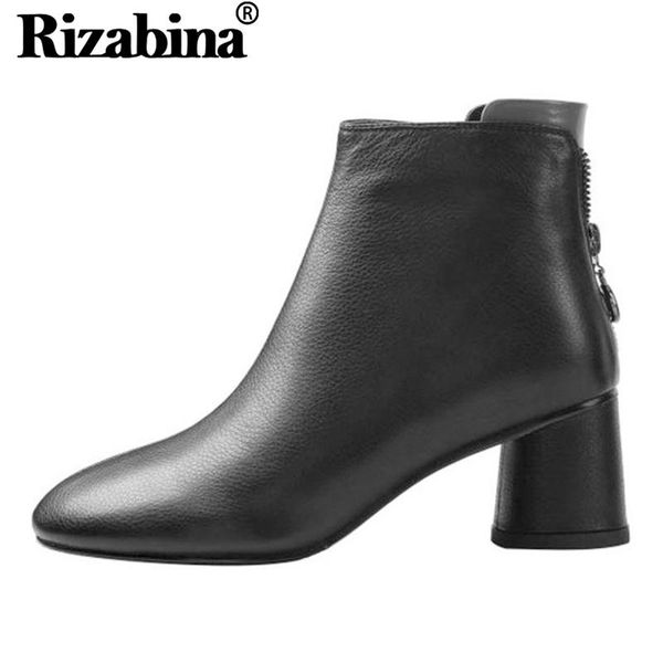

rizabina women genuine leather ankle boots zipper round toe office ladies work shoes woman chunky heels winter boots size 33-41, Black