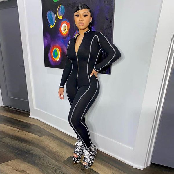 

sports jumpsuit women striped zip front long sleeve bodycon romper fitness one piece outfit active wear, Black;white