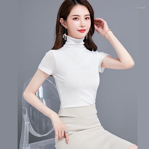 

korean elasticity mesh t-shirt women harajuku summer turtleneck t-shirts women vintage office lady tshirts white plus size xxl1