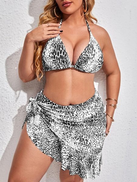 

3pack plus allover print halter bikini swimsuit & beach skirt m326#, Black