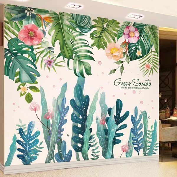 

wall stickers [shijuekongjian] green plant leaves diy seaweed group decals for living room kids bedroom home decoration1