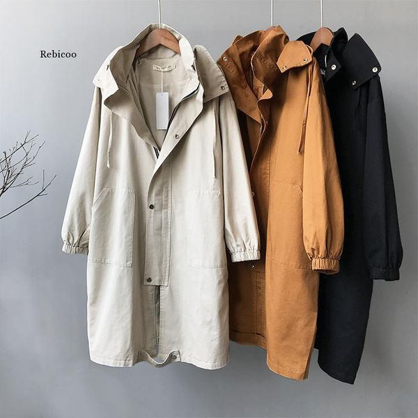 

oversize spring autumn trench coat women new casual long fashion hooded windbreaker zipper pocket female large size, Tan;black