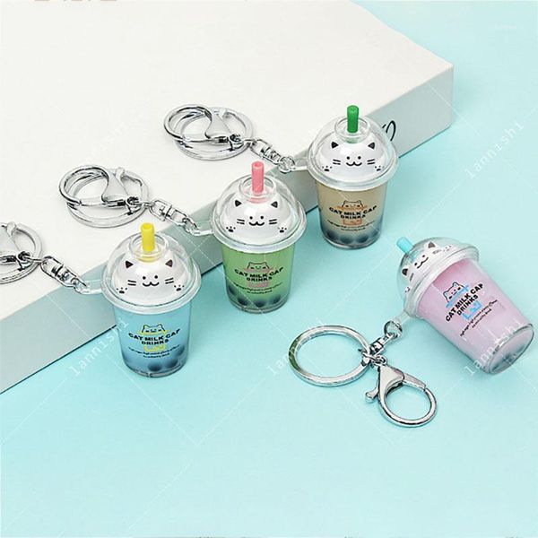 

fashion new keychain cartoon cat car keychain mini milk cup liquid crystal quicksand sequin key ring bag pendant men women1, Silver