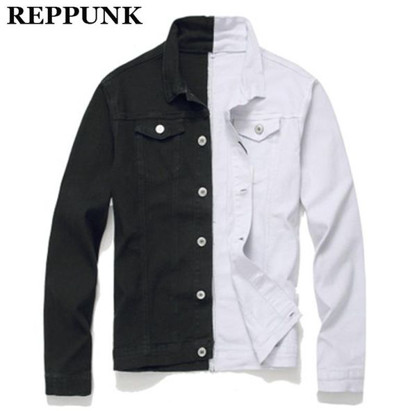 

reppunk 2020 new men streetwear black white two-tone patchwork slim fit motorcycle man hip hop cotton casual denim jackets, Black;brown