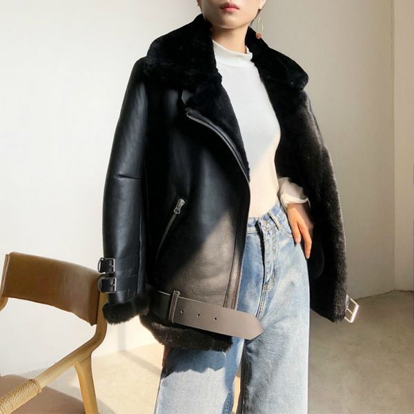 

oftbuy 2020 real merino sheep fur genuine leather double-faced fur coat winter jacket women moto biker thick warm natural luxuryx1019, Black