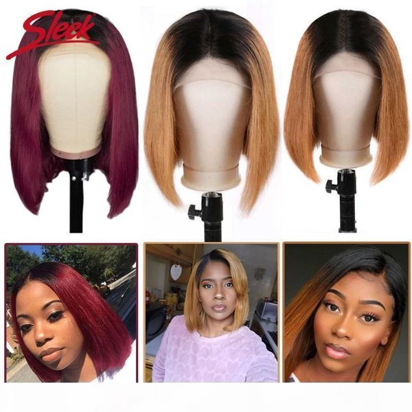 

sleek short bob wig ombre t1b 99j t1b 27 t1b 30 brazilian straight lace front human hair wigs 150% pre plucked with baby hair, Black;brown