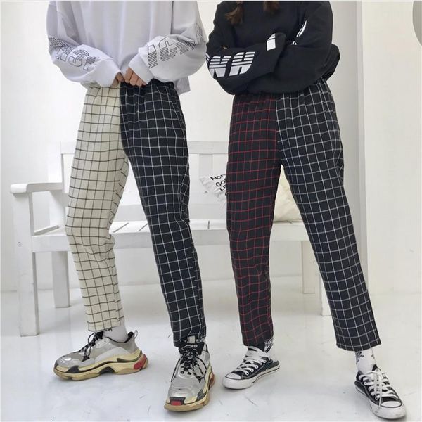 

vintage plaid patchwork pants women men harajuku elastics high waist hip hop pants korean causal straight trousers, Black;white