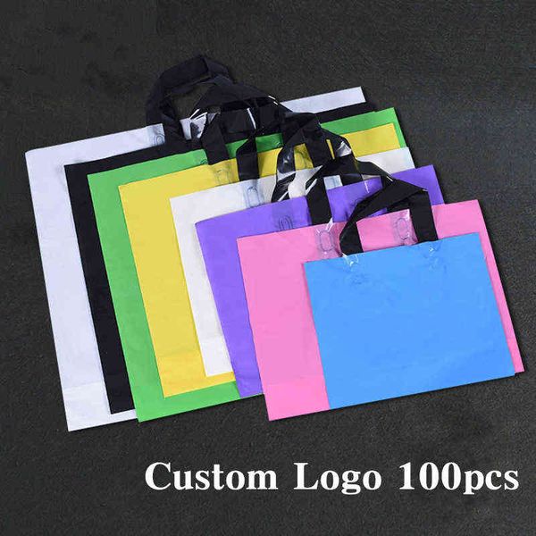 100 pz/lotto Abbigliamento Personalizzato Borse Per La Spesa Con Manico Sacchetto Regalo di Plastica Stampa Un Colore Su Un Lato Design Libero H1231