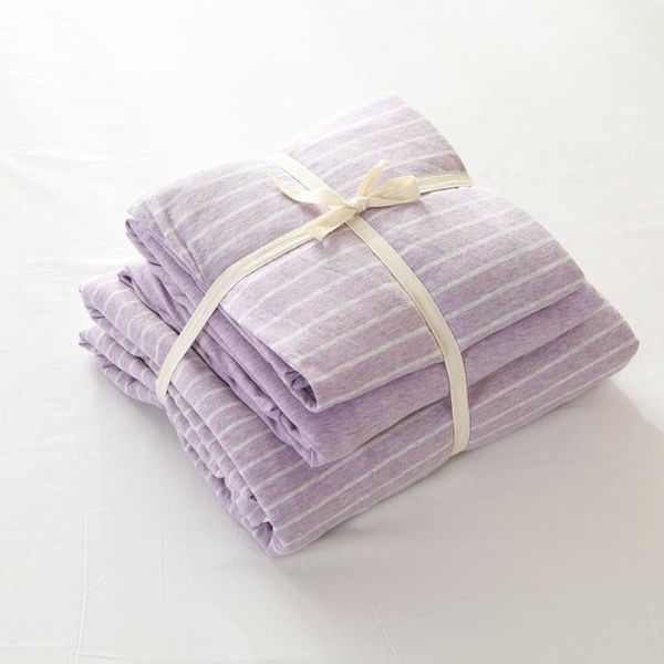 

bedding sets 4pcs 100% cotton jersey knit fabric light purple color striped duvet cover set1