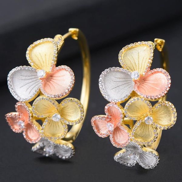 

charm godki luxury flower cubic zircon statement big hoop earrings for women wedding dubai bridal square circle 2021, Golden