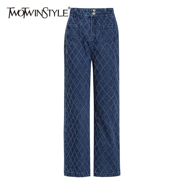 

sispell diamond plaid for female denim trousers high waist loose women's wide leg straight leg pants fashion streetwear tide, Blue