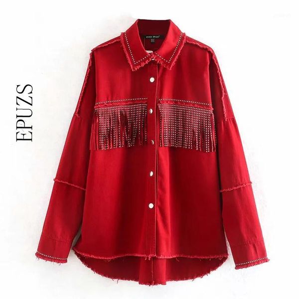 

women's jackets vintage oversized red tassel jeans jacket and coat streetwear asymmetrical long sleeve caot 2021 female chic 1, Black;brown
