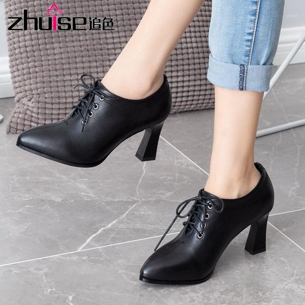 

dress shoes zhuise pointed single 2021 autumn small leather wild fine heeled high heel women's deep mouth leather1, Black