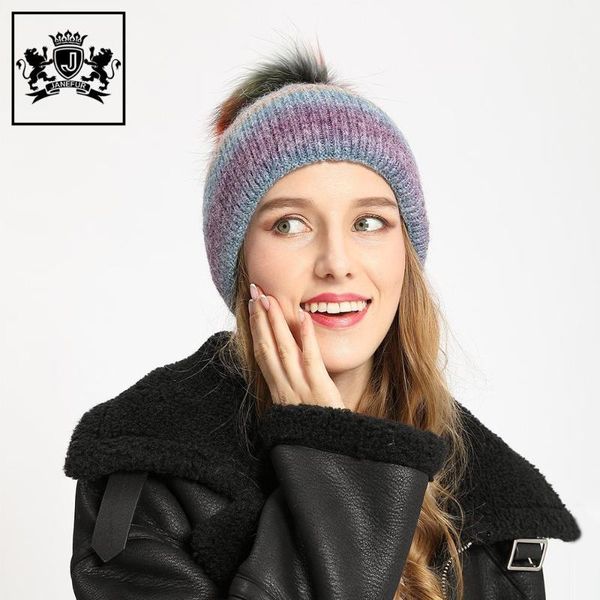 

beanie/skull caps winter autumn women's beanie raccoon fur pompom wool thick warm knitted mixed colors hat, Blue;gray