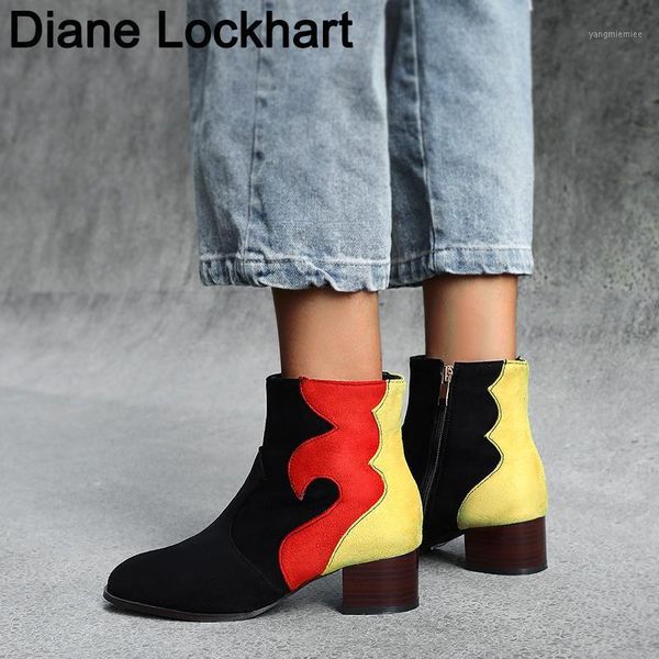 

vintage splicing mixed color flock leather ankle boots for women square toe cowboy runway booties woman high heel shoe zapatos1, Black