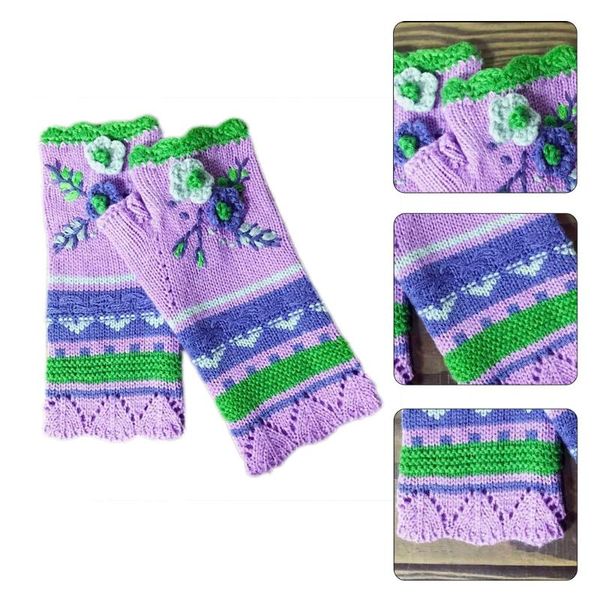 

five fingers gloves women winter knit fingerless multicolor crochet floral thumbhole mittens 449f, Blue;gray
