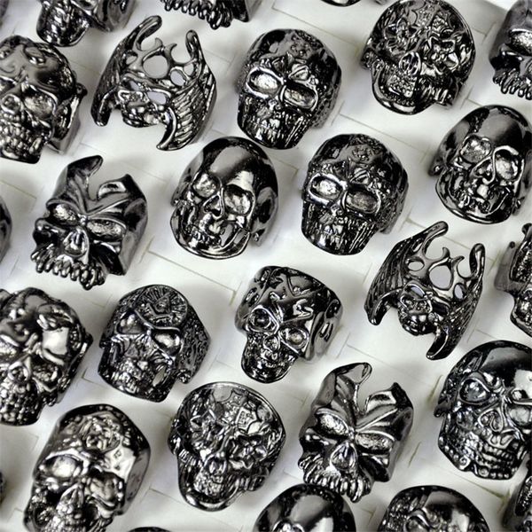 

gothic skull ring vintage black color punk biker metal fashion jewelry rock skeleton rings size 16mm to 22mm mix style wholesale, Silver