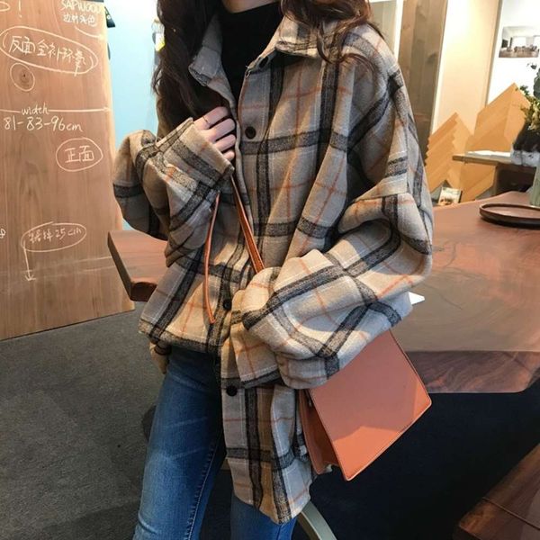 

2020 autumn fashion loose hong kong style tweed plaid coat frosted shirt women's dign popular top, White