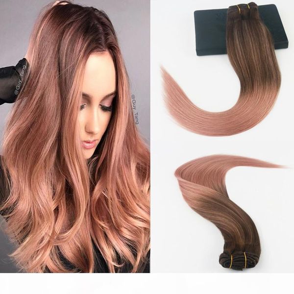 

14-24" 7pcs 100gram color #3 dark browm fading to color rose gold brazilian remy hair extensions full set cilp on hair extensions, Black;brown