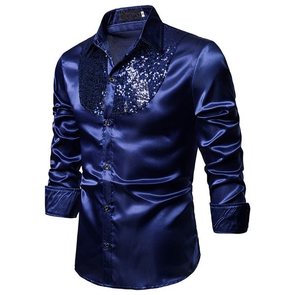 

vogue nice men luxury sequin dress shirts long sleeve silk satin shiny disco party shirt men chemise stage dance shirts c1211, White;black