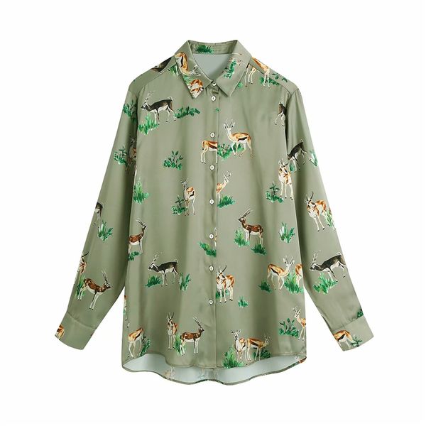 

2021 new elegant women green satin shirts fashion ladies down collar female animal print blouses 7sj9, White