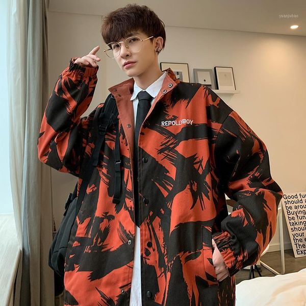 

2020 autumn both sides clothes men neutral windbreaker printing cotton bomber jacket loose coat hip hop large size striped1, Black;brown